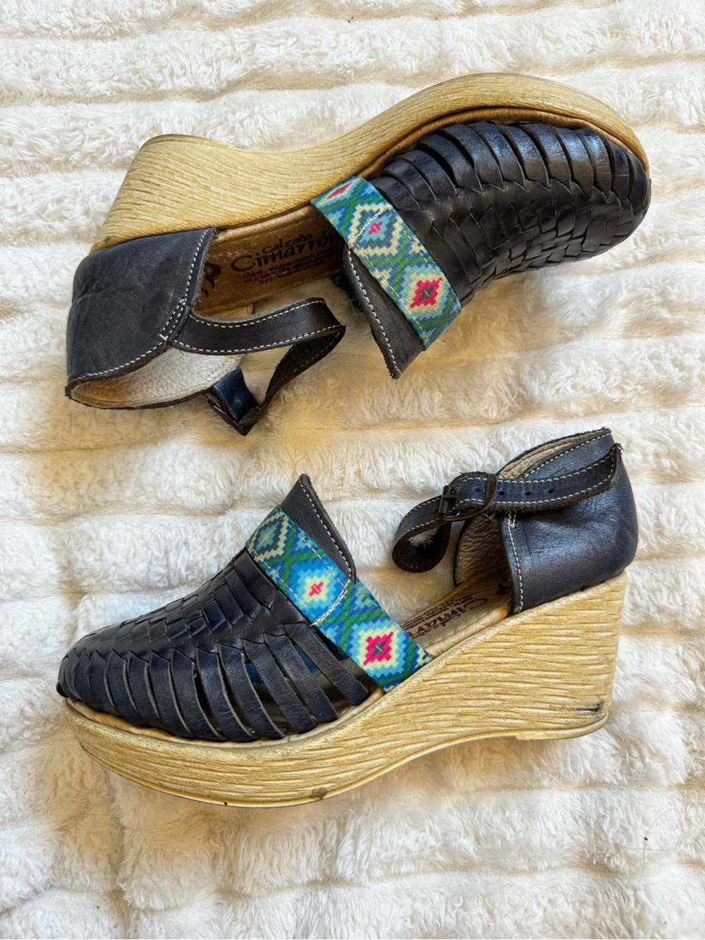Navy Huarache Woven Leather Wedge Sandals with Blue Patterned Strap